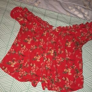 Red off the shoulders shirt with flowers